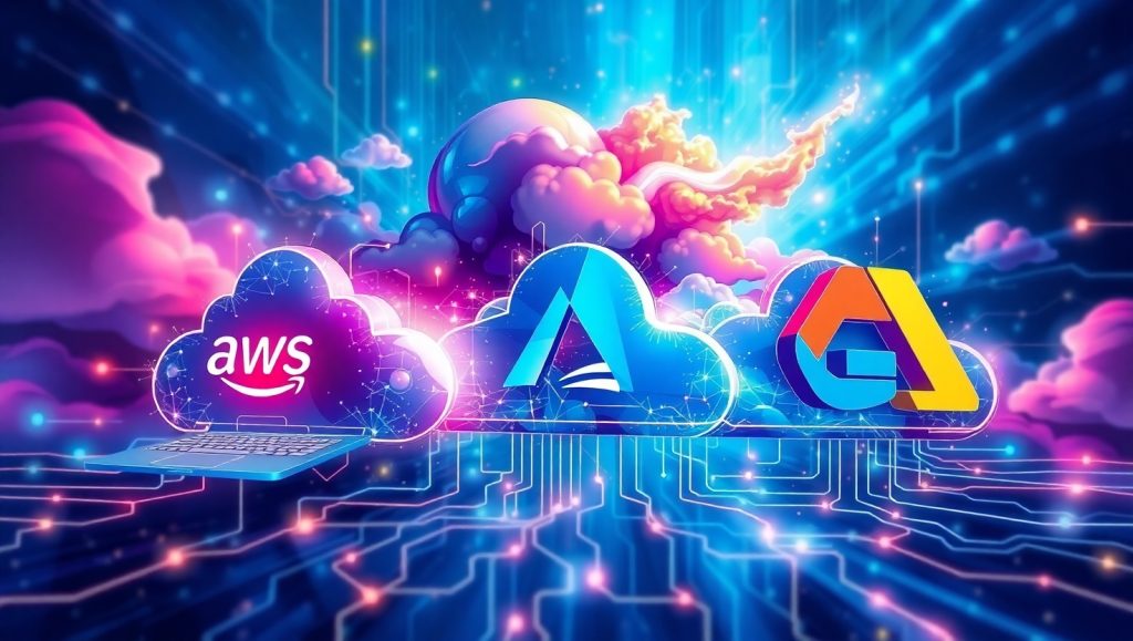 SÃmbolos de aws, azure y google cloud representados en un tema futurÃstico por la inteligencia artificial