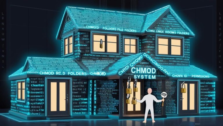 Casa digital futurista construida con términos Linux (CHMOD, permisos). Hombre frente a puerta cerrada. Concepto de seguridad y control domótico Linux