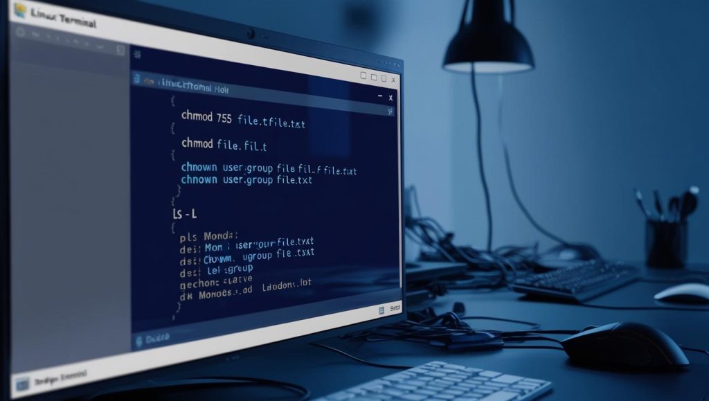 Terminal Linux mostrando comandos CHMOD y CHOWN para gestionar permisos y propiedad de archivos. Conceptos básicos de administración de archivos Linux.
