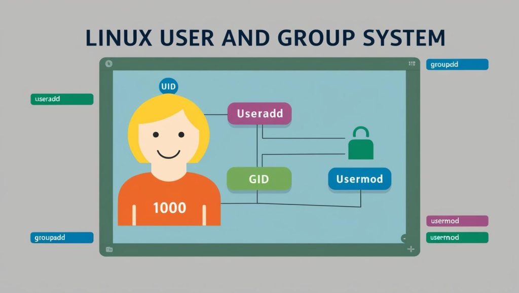 Diagrama del sistema de usuarios y grupos Linux: UID, GID, comandos useradd, groupadd, usermod. Representación de la administración de usuarios.