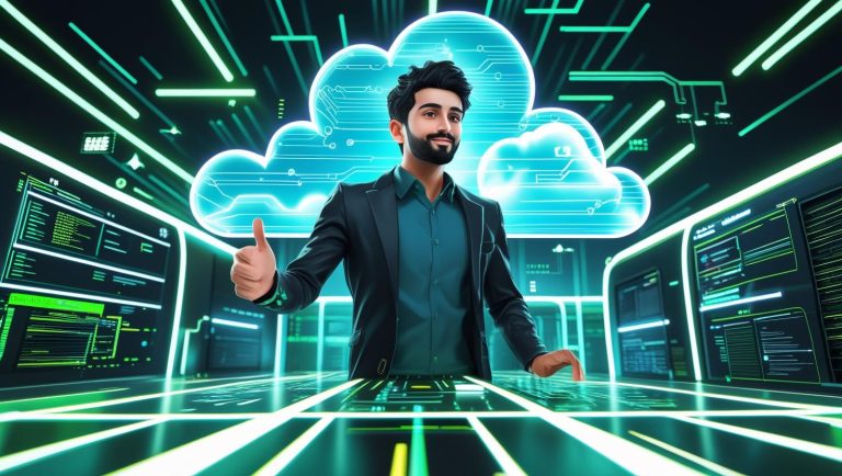 Hombre en entorno tecnológico futurista con nubes digitales y circuitos. Simboliza computación en la nube y soluciones DevOps.