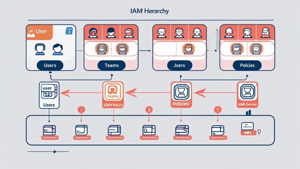 Diagrama de jerarquía de IAM: Usuarios, Equipos, Políticas y servicios AWS interconectados. Gestión de identidad y acceso