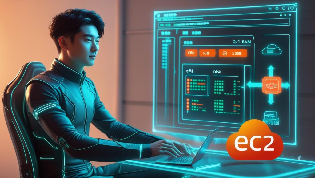 Hombre monitorizando recursos (CPU, RAM, Disk) de AWS EC2 en una interfaz futurista desde su portátil. Gestión de instancias en la nube