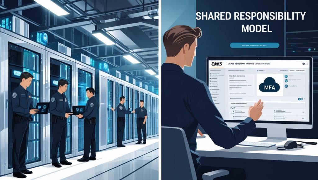 Personal de seguridad en centro de datos y hombre viendo modelo de responsabilidad compartida AWS. Seguridad y roles en la nube.