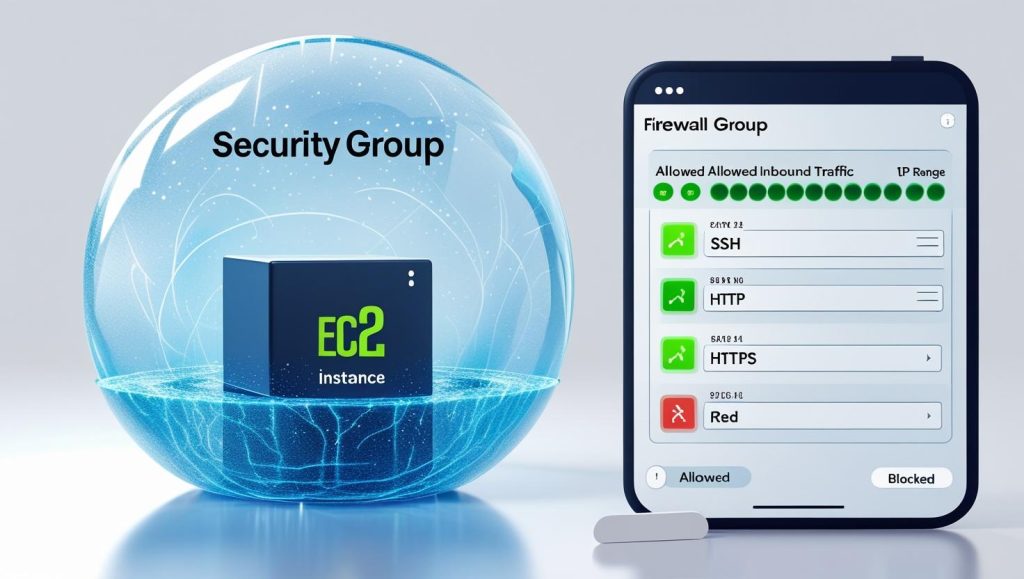 Esfera de "Security Group" protegiendo instancia EC2. Pantalla móvil con reglas de "Firewall Group" (SSH, HTTP, HTTPS)