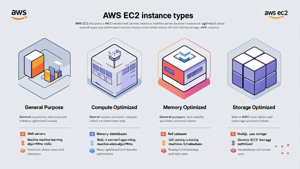 Diagrama de tipos de instancias AWS EC2: Propósito General, Computación, Memoria y Almacenamiento optimizados, con descripciones clave