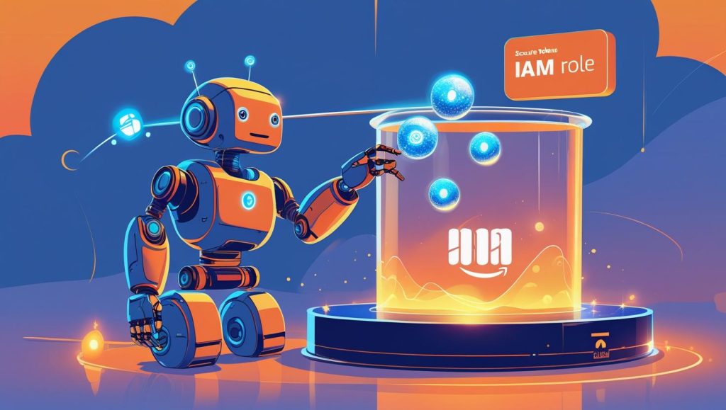 Robot interactuando con un bucket s3 que contiene un logo de Amazon. Un letrero muestra "IAM role", representando seguridad y automatización AWS