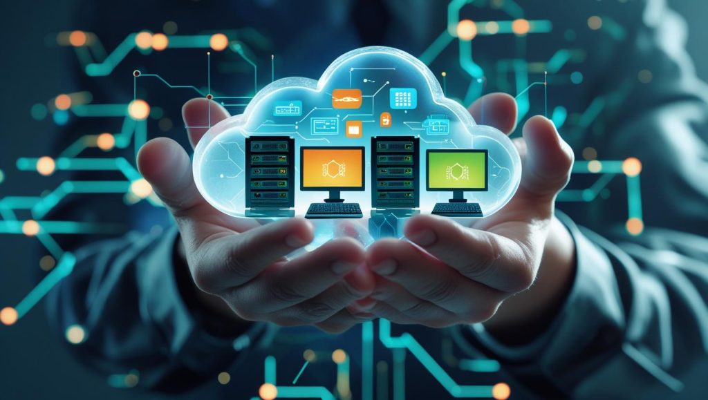 Manos sosteniendo una nube digital con servidores virtuales y pantallas, simbolizando servicios de Cloud Computing