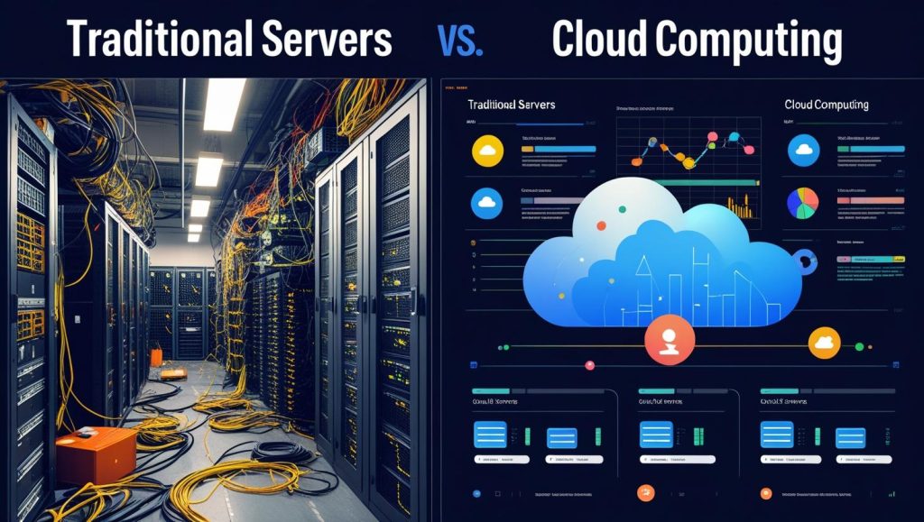 Comparación visual: Servidores tradicionales en un centro de datos vs. los beneficios del Cloud Computing representados con gráficos y nubes