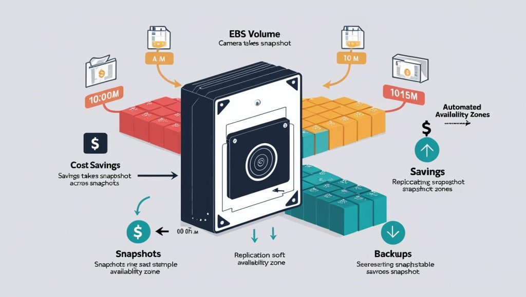 Diagrama de un volumen EBS con flechas indicando snapshots, backups, ahorro de costos y replicación en zonas de disponibilidad automatizadas.
