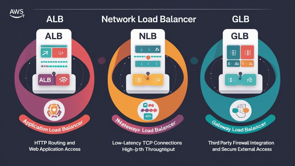 Comparativa de Load Balancers AWS: ALB (HTTP), NLB (TCP/UDP baja latencia), GLB (firewall de terceros).