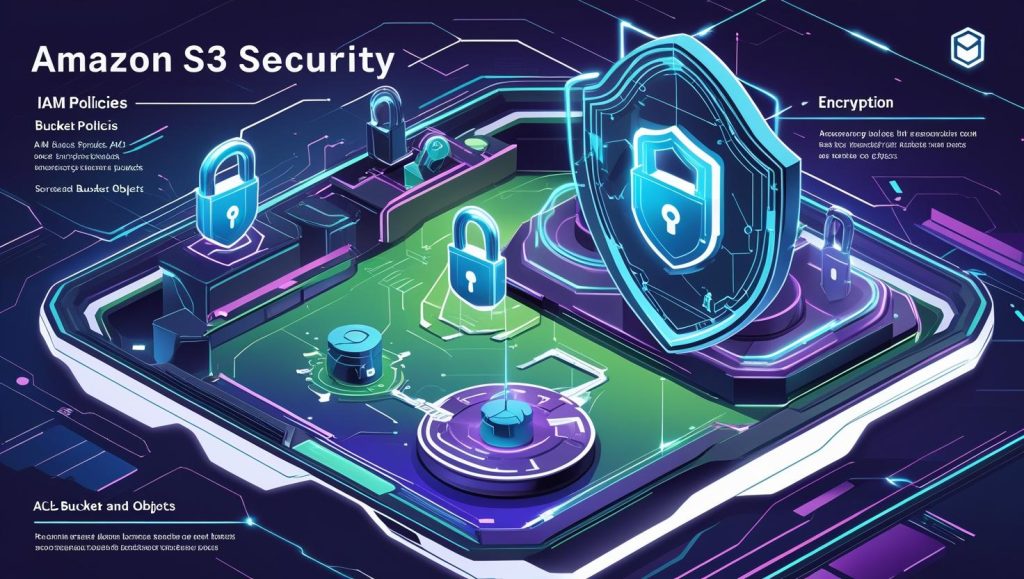 Escudo de seguridad en una plataforma digital representando la seguridad de S3. Muestra políticas de IAM, ACLs y encriptación para proteger datos.