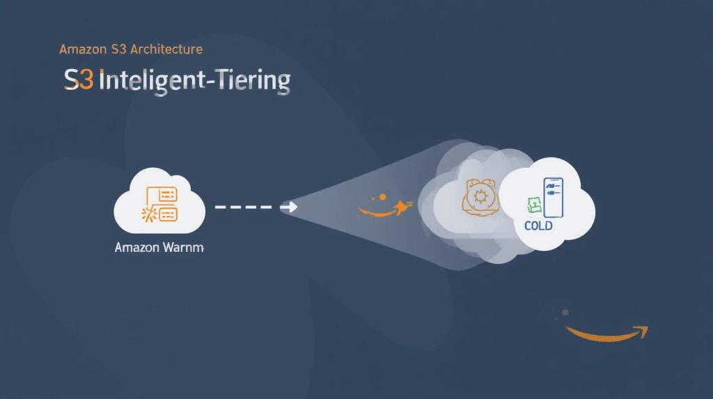 Diagrama de AWS S3 Intelligent-Tiering mostrando datos moviéndose de un estado 'Warm' a la clase de almacenamiento 'Cold'.