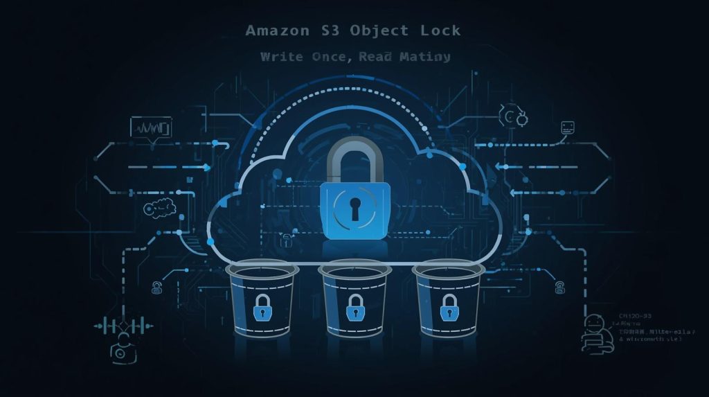 AWS S3 Object Lock: Diagrama de nube y buckets bloqueados que ilustra el modelo WORM "Write Once, Read Many".