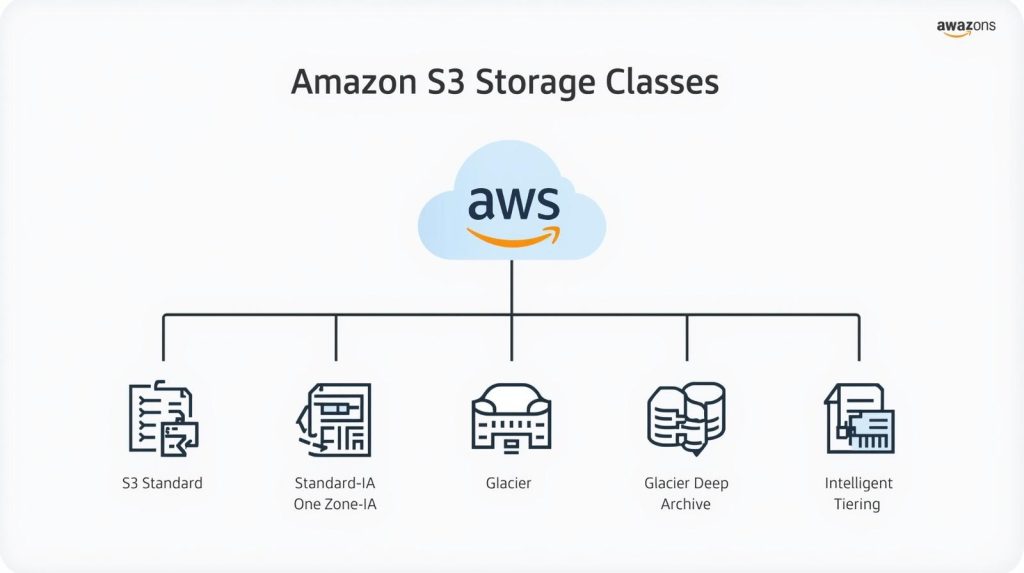 Diagrama de Amazon S3 Storage Classes que incluye S3 Standard, Intelligent Tiering, Glacier y Glacier Deep Archive.